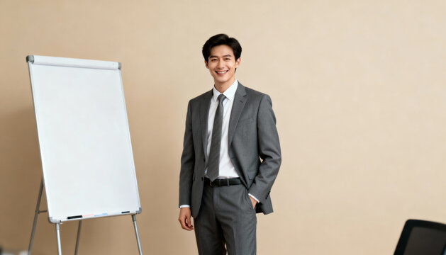 Young successful Asian businessman in a suit stands by a blank whiteboard. Confident professional employee ready for a corporate presentation, seminar, or business training.
