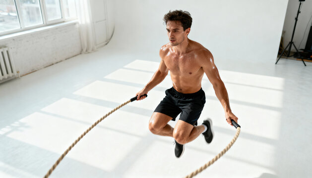 Energetic young muscular man jumping rope indoors, intense fitness workout, sweating athlete training cardio and endurance in bright studio with large windows