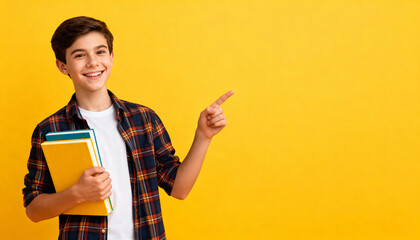 Happy student holding books and pointing at copy space on yellow background. Cheerful teenage schoolboy presenting education offer, advertising back to school sale or promotion.
