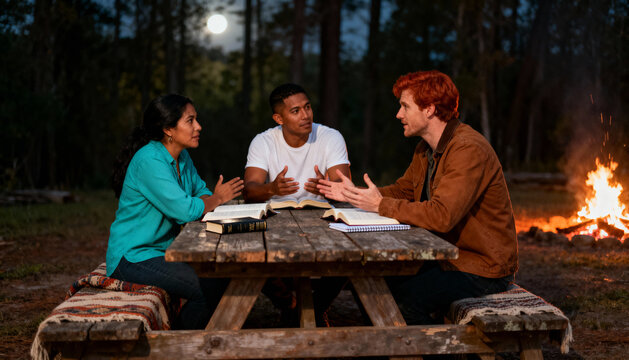 A diverse group of young adult friends in a christian bible study at night around a campfire. Multicultural fellowship, faith and community concept with open books on a table.