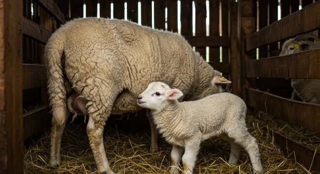 A lamb stands beside its mother in a wooden pen filled with hay