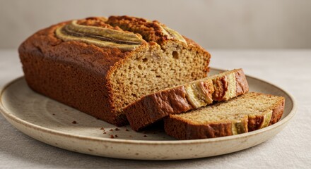 A loaf of banana bread with slices on a textured plate