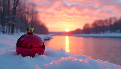 Flux_Dev_Image: Serene Winter Sunset with a Red Christmas Ornament in the Snow