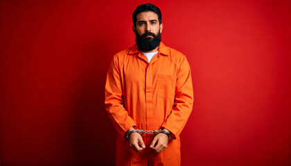 Hispanic man with beard in orange prison jumpsuit and handcuffs standing against bright red background, serious expression, incarceration concept, prisoner portrait