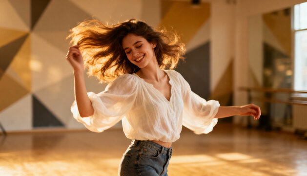Happy young woman dancing and flipping her hair joyfully outdoors, carefree lifestyle, motion and energy, freedom, youthful expression, dynamic movement, smiling girl enjoying music and dance