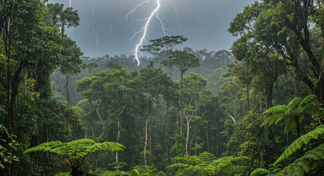A lightning strike illuminates a dense rainy rainforest canopy