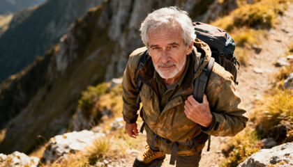 Fototapeta premium Portrait of a confident, active senior man with a backpack hiking on a mountain trail. Healthy lifestyle, retirement adventure, and trekking outdoors concept. Freedom and vitality.
