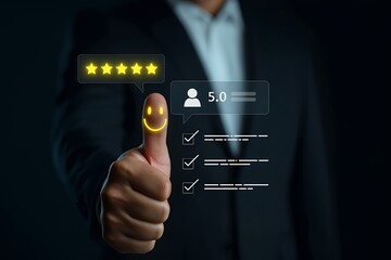 Business professional showing five-star rating with glowing smiley – concept of customer satisfaction, positive feedback, and performance excellence