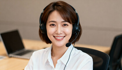 Portrait of confident smiling Asian businesswoman wearing headset, customer service representative in modern office environment, professional support agent at work