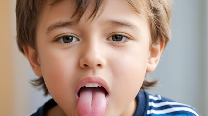 Close-up of Little kid boy with Aphtha or Stomatitis or canker on tongue in his mouth