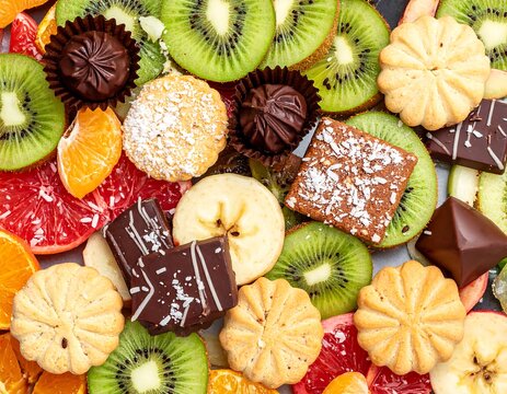 Colorful array of fresh fruit and sweet treats