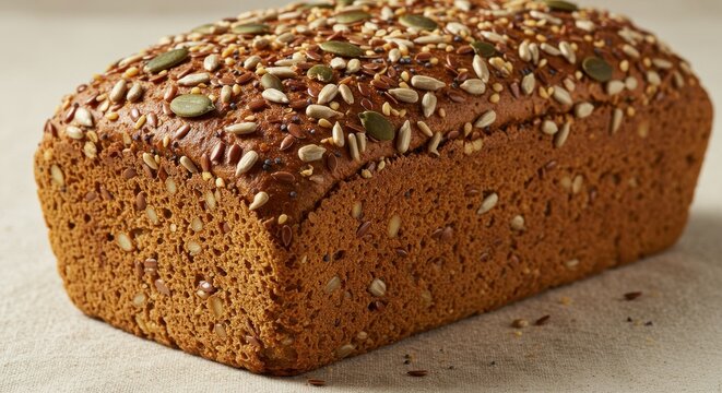 A loaf of whole grain bread covered in various seeds sits on a textured surface - Powered by Adobe