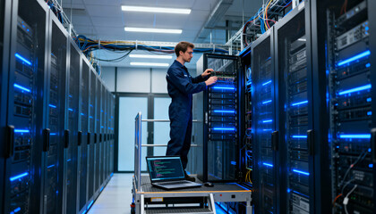 IT engineer in a data center working on a server rack. Male technician performing maintenance and diagnostics. Cloud computing, data storage, and network administration concept.