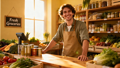 Successful small business owner. Happy male grocer smiling in his local market. Entrepreneurship concept. Man at checkout counter in a store with fresh organic food and produce.