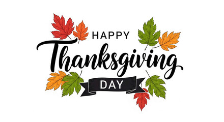 Obraz premium Happy Thanksgiving Day lettering with autumn leaves banner design, showcasing seasonal greetings, perfect for cards or social media posts