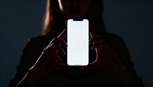 Silhouette of woman holding smartphone with blank white screen glowing in dark. Mobile technology concept, digital device mockup, illuminated phone display, person using phone at night.