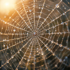 Obraz premium Close-up of a dew-covered spider web, intricate details, sparkling in morning light.