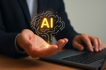Business professional presenting glowing AI circuit icon – concept of artificial intelligence, digital control, and smart technology integration
