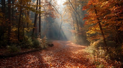 Sunbeams illuminate a winding path covered in fallen leaves through a vibrant autumn forest