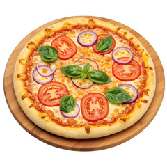 Delicious margherita pizza on wooden board isolated on transparent background