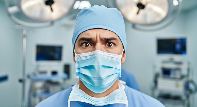 Intense focused surgeon gazing directly into camera with serious expression