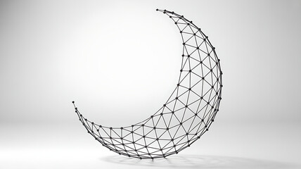 A minimalist geometric illustration depicts a crescent moon shape crafted from connected black dots and thin lines, resembling a network or polygonal mesh, set against a plain white background.