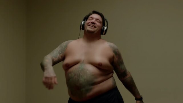 Tattooed overweight man dancing with headphones on