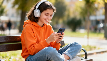 Happy Gen Z girl listening to music on wireless headphones, relaxing on a park bench. Smiling teen using smartphone for streaming. Youth lifestyle, leisure, and technology concept.