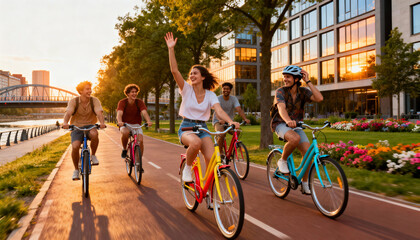 Group of diverse young adults enjoying a joyful bike ride along urban riverside bike path at golden hour, summer outdoor activity, friendship and exercise concept