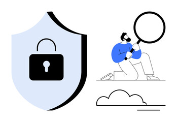 Man holding magnifying glass kneeling beside cloud while shield with padlock emphasizes data protection. Ideal for technology, cybersecurity, research, analysis, privacy, security, investigation