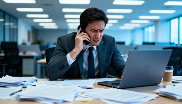 Frustrated business man stressed on phone call with laptop and piles of paperwork in a modern bright office, corporate pressure and deadline concept, work overload