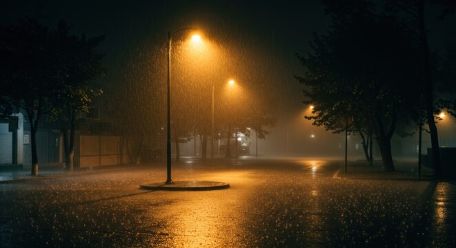 A wet street at night illuminated by streetlights with heavy rainfall