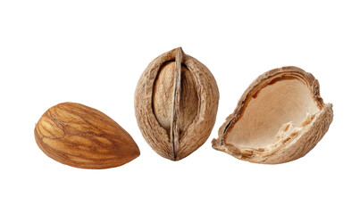 Three almonds, whole and split
