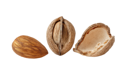Three almonds, whole and split
