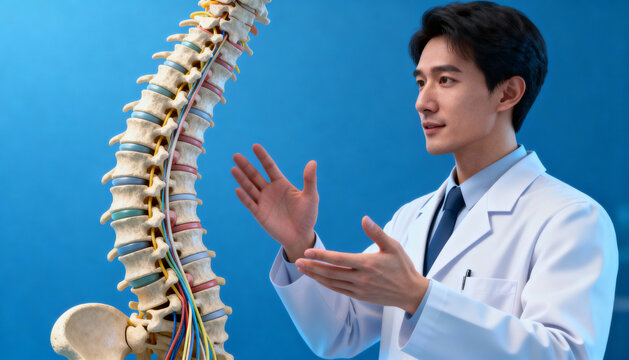 Asian doctor explaining human spinal column anatomy with a detailed vertebral model. Orthopedist or chiropractor teaching about spine structure, discs, nerves, and skeleton.