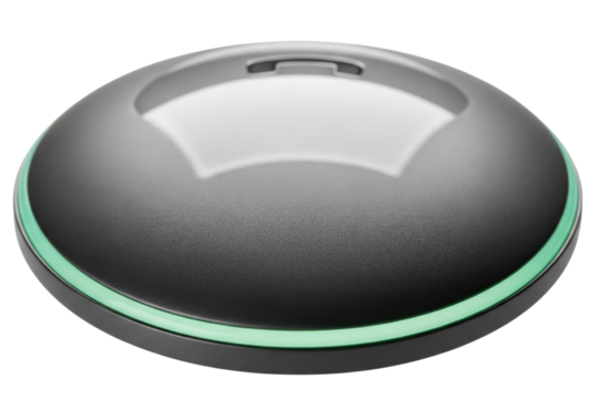 Round smart home hub device with a glowing green LED light isolated with transparent background