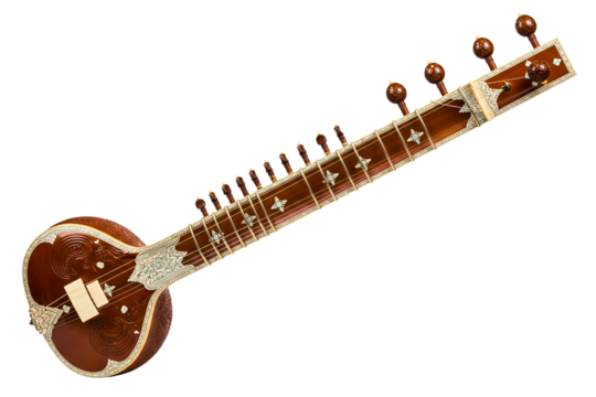 Traditional wooden sitar musical instrument with ornate carvings isolated with transparent background