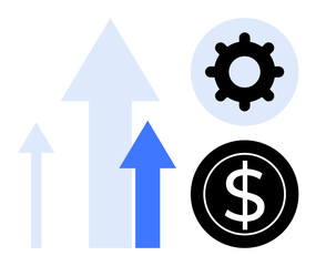 Obraz premium Three rising arrows convey growth. A gear symbolizes industry and process, while a dollar coin suggests economic gain. Ideal for business, finance, strategy, progress, development, innovation simple