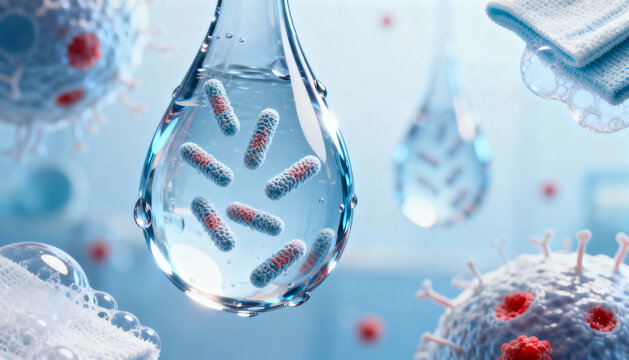 Close-up of Legionella bacteria pathogens suspended in water droplets, microscopic view of infectious germs in clear liquid, medical and scientific concept of waterborne disease prevention and hygiene