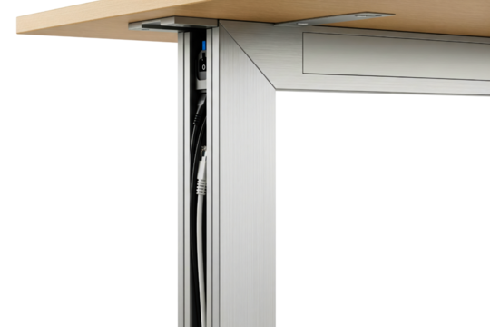 Adjustable height office desk leg with cable management isolated with transparent background