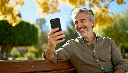 Mature man smiling happily during an outdoor video call on smartphone, relaxed elderly gentleman in casual shirt enjoying digital communication in bright sunny park setting