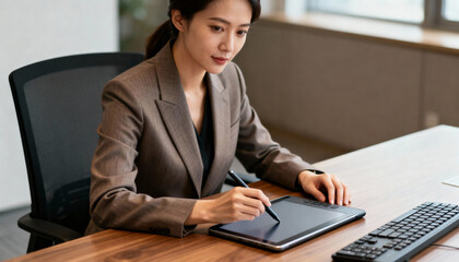 Professional Asian woman in business suit using digital pen and graphics tablet for creative design work at modern office desk with keyboard, technology, and digital art