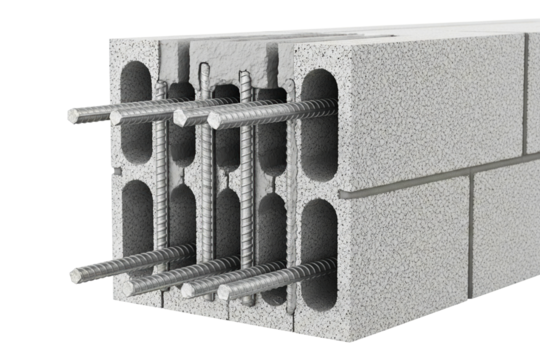 Cross-section of concrete blocks with steel rebar reinforcement isolated with transparent background