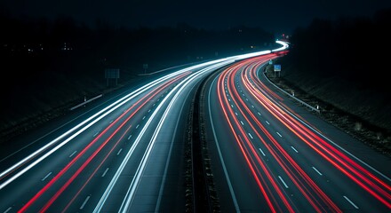 Nighttime highway traffic light trails over asphalt road cityscape