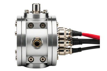 High-tech industrial sensor with multiple coaxial cable connectors isolated with transparent background