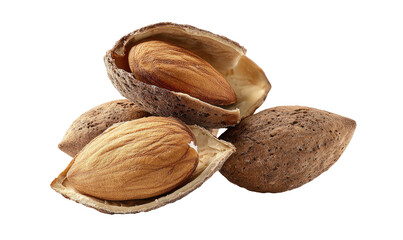 Close-up of three almonds in their shells