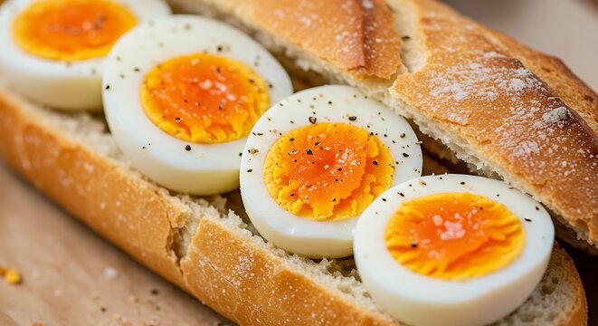 Sliced hard boiled eggs on baguette bread with orange yolk