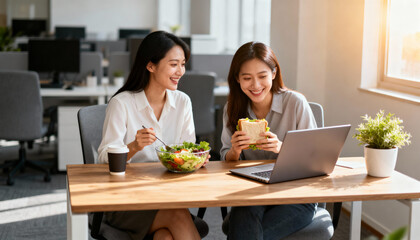 Two happy female colleagues sharing a healthy lunch break together at modern office workspace with fresh salad, sandwich, coffee, laptop, teamwork and friendship concept
