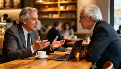 Two senior business professionals in formal suits discussing ideas and strategies over coffee with laptop in modern cozy cafe, teamwork, collaboration, executive meeting