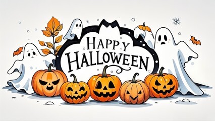 Happy Halloween with Pumpkins and Ghosts, Cute Pastel Color Clip Art Set in Simple Flat Cartoon Vector Style